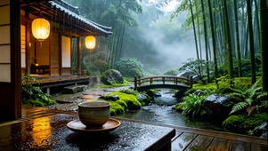 竹林木屋雨景