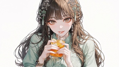 喝橙汁的美女