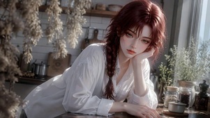 窗边红发白衬衫恬静少女