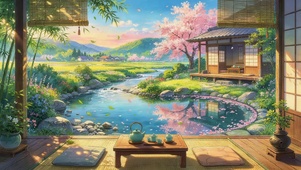 夏日樱花水塘木屋