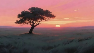 落日晚霞草原孤树