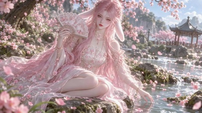 樱花溪畔粉发古风兔耳美人
