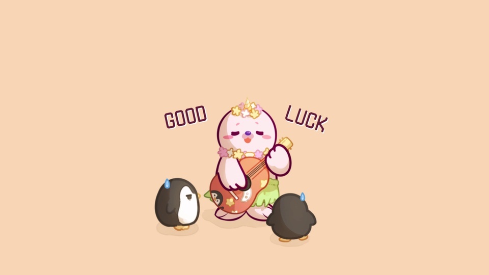 浅暖橙色背景上，粉色卡通萌兽抱尤克里里弹奏，左右两侧是GOOD与LUCK字样，旁侧有两只头顶带蓝水滴的小企鹅。
