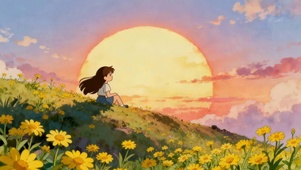 女孩山坡看夕阳