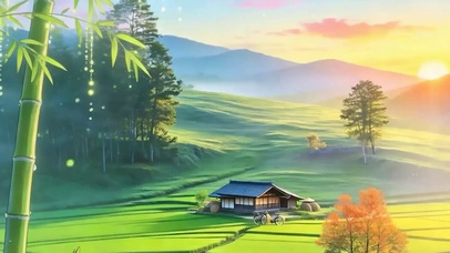 夕阳雨天竹林带鱼屏
