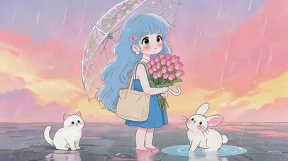雨天鲜花女孩
