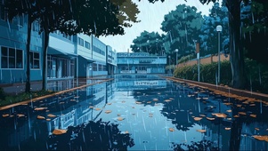 清新校园蓝调下雨道路