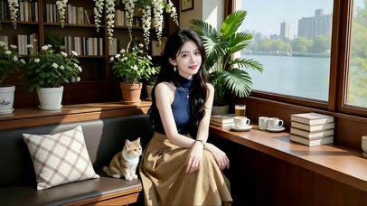 江景舒适房里陪伴小猫的美女
