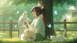树下的猫与少女