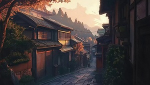 静谧黄昏古城小镇建筑