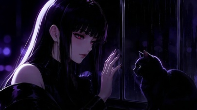 雨夜窗边少女与黑猫