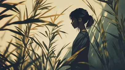 竹影阳光白墙淡雅少女