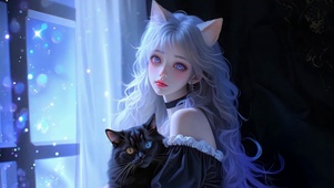 窗畔星光下猫耳少女