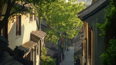 清新夏日黄昏小镇街景