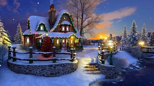 傍晚雪天温馨圣诞屋