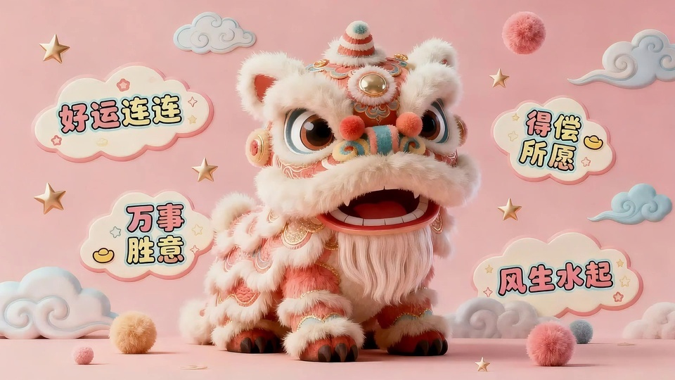 浅粉背景上，粉白毛绒Q版醒狮位于中央，周围有祥云文字标牌、浅蓝色浮雕祥云、金色星星和彩色毛绒球装饰，整体为柔和的粉色系3D治愈国风风格。