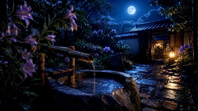 月夜庭院雨景