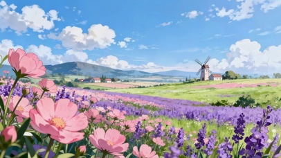 唯美鲜花草原风车