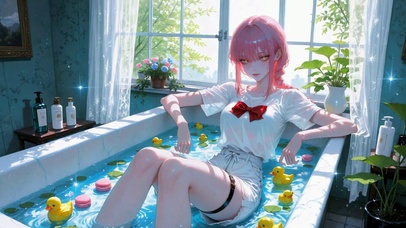 浴缸休闲粉发美少女