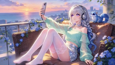 享受夕阳的薄荷绿少女