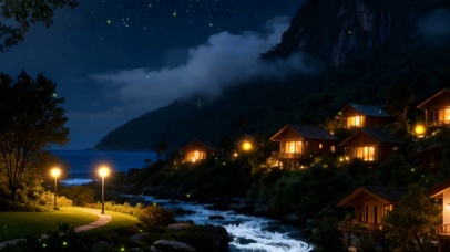 夜景房屋树木河流双屏