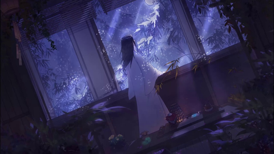 古风白衣人物立于木屋窗边，望向月夜飘雪的竹林夜空，紫蓝柔光笼罩场景。