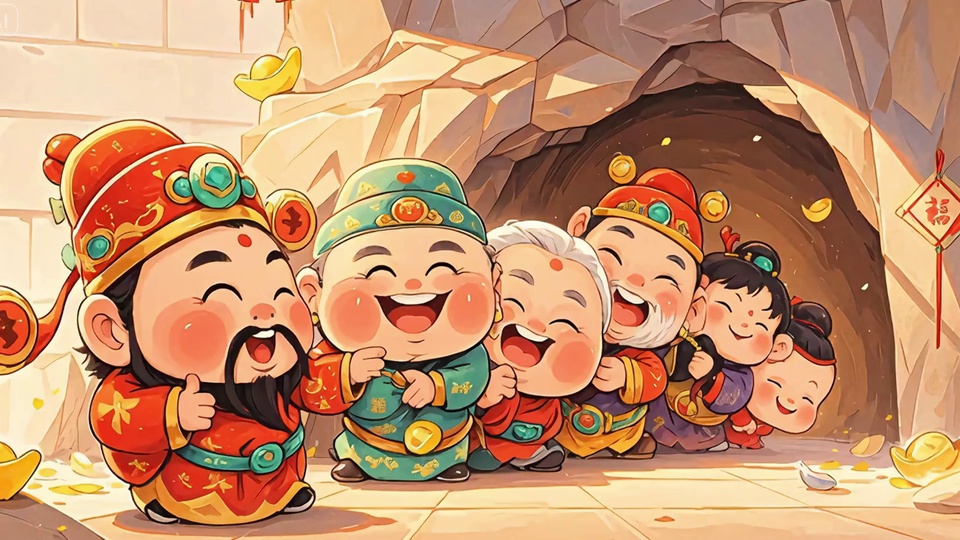 近方形石砖地面的洞窟场景里，多名面带笑意的Q版财神排成队列，散落金色元宝、钱币，悬挂红色福字挂饰，采用暖红明黄暖米白配色的国风卡通画面。
