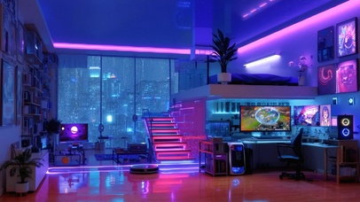霓虹电竞雨夜房间