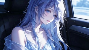 车窗内想心事的蓝发少女