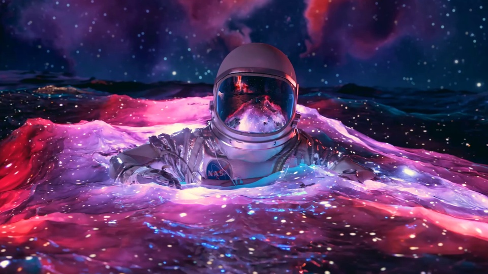 炫彩星海波浪中半身浮起的宇航员，背景是紫蓝星空