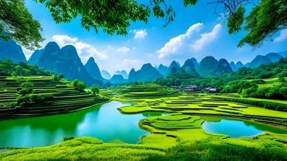 护眼绿色梯田山水