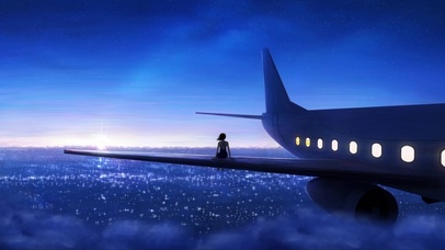 夜空机翼上的女孩