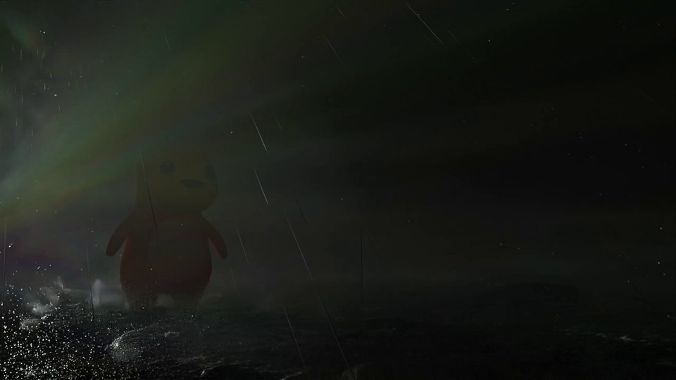 暗调雨夜的海面，雨丝斜落，淡绿光晕从左侧夜空漫开，橙黄色卡通形象立于海面之上。