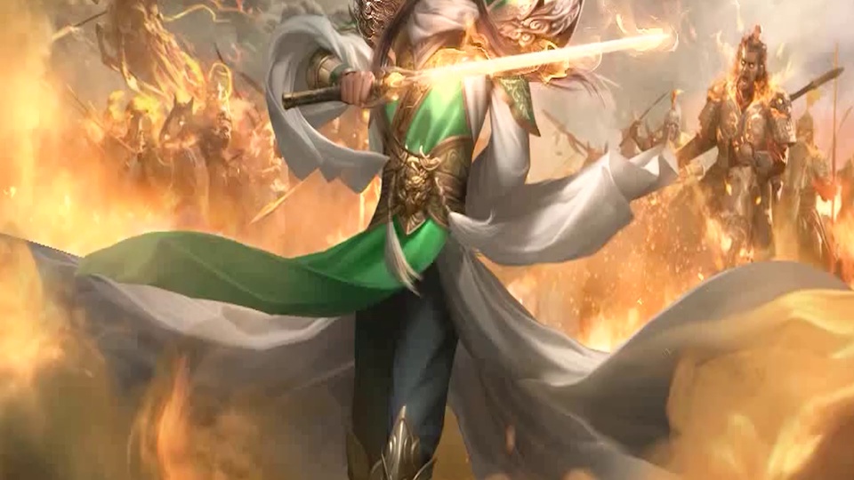 绿白配色古装武将持发光长剑，背景满是橙红翻涌的火焰。