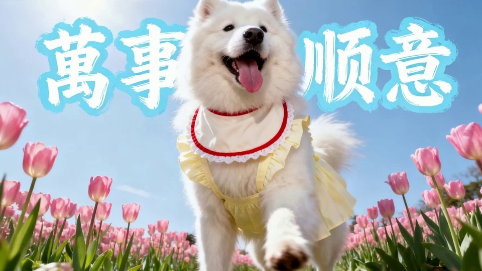 白色蓬松毛发的犬只身着浅黄色花边小裙站在粉色郁金香花田中，背景是晴朗浅蓝色天空。