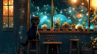 星空猫咪带鱼屏