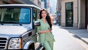 靠在吉普旁边的长发美女