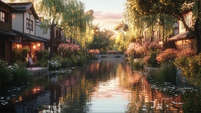 黄昏古城河岸傍晚建筑