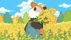 油菜花田里的农夫熊猫