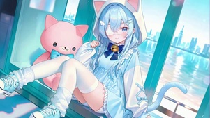 窗边蓝发猫耳二次元美少女