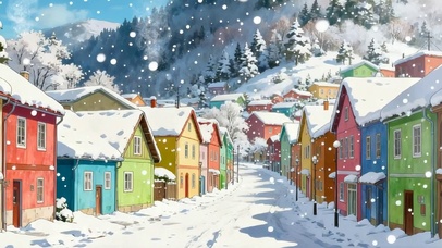 雪景房屋树木双屏