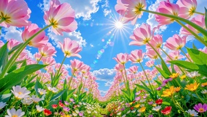 晴空粉色花田治愈风景