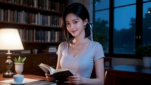 傍晚书房书桌前阅读的美女