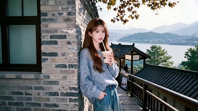 景区长廊购物小屋前喝咖啡美女1