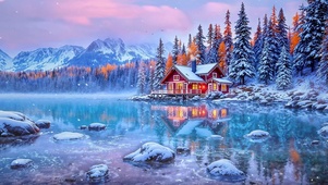 雪天高山湖畔木屋