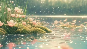 夏日溪流河岸淡粉小花