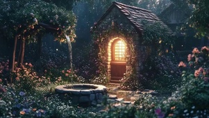 傍晚温暖森林小屋古井