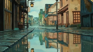 水中古城建筑街道倒影