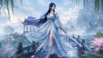 古风荷塘持剑清冷女神