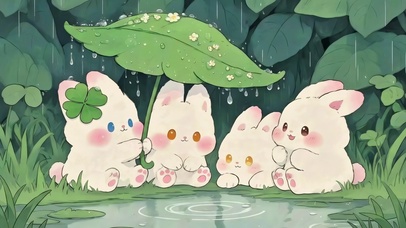 荷叶下躲雨的小兔